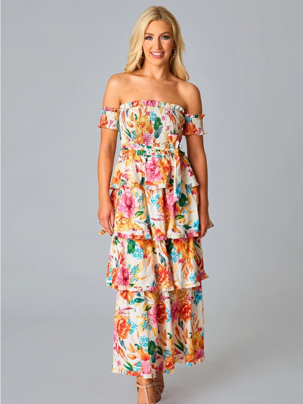 Buddy Love Off-Shoulder Tiered Floral Maxi Dress - Cream Floral